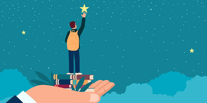 Illustration of man on books in giant hand reaching for stars